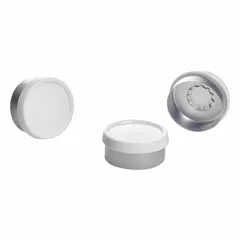 These 20 mm diameter snap-on bottle caps are made of green aluminum with a flip-cap design for repeated access. Unlined and autoclavable, they are suitable for sealing laboratory bottles and vials in sterile or high-temperature environments. The colored caps aid in sample identification. Supplied in packs of 1,000 closures.