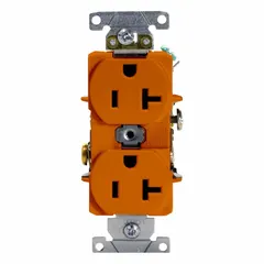 General purpose duplex receptacle rated 20 A at 125 V AC, NEMA 5-20R configuration. Orange nylon face. For use in commercial and industrial power distribution where isolated-ground circuits are specified.