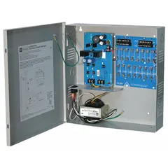 This power supply board with steel enclosure operates on 115V AC input and delivers 6-15VDC at 4A across 16 fused outputs. It provides centralized power distribution for industrial control systems, security panels, and access control equipment.