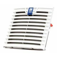 Square axial fan for cooling and ventilating electrical enclosures in wet or dusty environments. Features a steel blade and polybutylene terephthalate housing. Rated IP54 for protection against water splashes and dust. Operates on 115V AC with terminal connections.