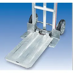 Beveled folding nose plate extension for Magliner hand trucks. Supports loads up to 300 lb. Used to extend the nose plate for handling longer or bulkier items in material transport applications.