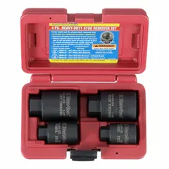 This 4-piece impact socket set is designed for removing and installing wheel studs on heavy-duty vehicles with SAE Budd wheels. Includes two 6-point sockets (3/4 in and 1-1/8 in) and a Budd Wheel Inner Nut RH, covering stud sizes from 5/8 in to 1-1/8 in. Drive size is 1-1/8 in.