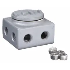 Square conduit outlet body made of aluminum with a powder-coated finish. Features a 13 hub style, threaded female hubs, and a flat back. Includes cover and gasket. Rated for hazardous locations and complies with CSA C22.2 No. 25. For use with threaded IMC conduit systems as a pull point or junction.