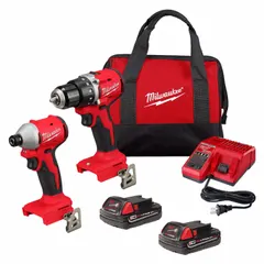 This kit includes two M18 18V DC cordless tools: a drill/driver for drilling and driving, and an impact driver for high-torque fastening. Suitable for drilling into wood, metal, or masonry, and driving screws and bolts in construction, maintenance, and assembly tasks. Tools only; battery and charger sold separately.