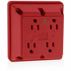 General purpose quad receptacle rated 125V AC, 15A, 2-pole/3-wire with NEMA 5-15R configuration. Red housing. Suitable for use in commercial and institutional settings where multiple outlets are needed in a single location.