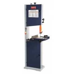 Vertical band saw for wood cutting with two speeds: 2,000 and 2,800 SFPM. Features a 14-5/8 in throat depth and 45° cutting capacity. Operates on 120/240V AC power. Suitable for straight and contour cuts in lumber, plywood, and composite boards.
