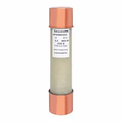 R-rated cylindrical fuse for general-purpose overcurrent protection in medium-voltage industrial systems. Rated 5.5 kV AC and 2 A with visual blown-fuse indication. Suitable for motor circuits, transformers, and switchgear.