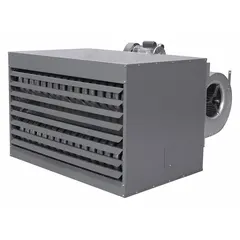This Dayton standard-profile suspended gas unit heater delivers 400,000 BtuH heating capacity input and operates on natural gas. It features a blower fan for air distribution and a field-convertible combustion type. The unit has a 3/4 in NPT male gas connection and a 6 in flue diameter. Overall dimensions are 34 in x 55-1/4 in x 56-1/8 in. Typical applications include heating large commercial or industrial spaces such as warehouses, factories, and workshops.