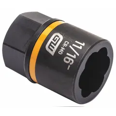 This 3/8" drive bolt extraction impact socket is designed for removing damaged or rounded-off fasteners. The 7-point configuration grips the bolt head securely for extraction. It features a black oxide finish and is not tether capable. Suitable for automotive and industrial maintenance tasks where standard sockets cannot engage a stripped fastener.