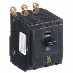 The SQUARE D QOB320 is a three-pole bolt-on miniature circuit breaker from the QOB Series, rated 20 A at 120/240V AC with a maximum interrupting rating of 10kA at 120/240V AC. It provides overcurrent protection for three-phase branch circuits in electrical distribution systems and is intended for use with Square D NQOD panelboards.