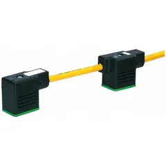 This cordset features two DIN Form BI female right-angle connectors with bare wire ends, designed for solenoid valve connections in industrial automation, pneumatic, and hydraulic systems. It includes a 5 m PVC cable with 18 AWG wire, yellow jacket, IP67 rating, and 100 mm DIN connector spacing.