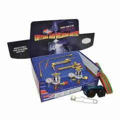 This outfit includes a regulator with a CGA 510 fuel connection for acetylene and integrated flashback arrestors. It is used for cutting, heating, and welding tasks in metal fabrication and repair.