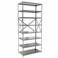 This HALLOWELL medium-duty standalone open metal shelving unit is constructed with a steel frame and steel shelves. It measures 36 inches wide by 18 inches deep with an overall height of 84 inches and includes 8 shelves. The unit is finished in gray and is supplied unassembled. Suitable for organizing tools, parts, and boxes in warehouses, stockrooms, and industrial facilities where flexible floor layouts are needed