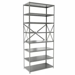 This HALLOWELL medium-duty standalone open metal shelving unit is constructed with a steel frame and steel shelves. It measures 36 inches wide by 18 inches deep with an overall height of 84 inches and includes 8 shelves. The unit is finished in gray and is supplied unassembled. Suitable for organizing tools, parts, and boxes in warehouses, stockrooms, and industrial facilities where flexible floor layouts are needed.