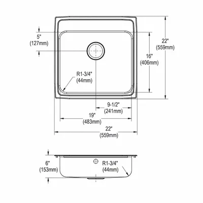 JUST MANUFACTURING One-Bowl Counter-Mounted Kitchen & Bar Sink - One-Bowl Counter-Mounted Kitchen & Bar Sinks without Faucets