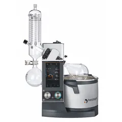 Motorized lift rotary evaporator with 5 L capacity, speed range 10-280 RPM, and 1300 W heating capacity. Includes G3 vertical condenser and vacuum controller; no vapor temperature sensor. USB port allows transfer of settings to other devices. Suitable for solvent removal in chemical and pharmaceutical laboratories.