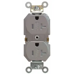 Duplex general-purpose receptacle with 5-20 configuration, 2 pole/3 wire, rated 125V AC and 20A. Gray finish. Suitable for powering equipment and appliances in commercial and industrial electrical systems.
