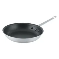 This 10-inch diameter fry pan is made of aluminum with a non-stick coating and a silver finish. It features a riveted aluminum handle and is NSF Certified. Suitable for commercial cooking tasks requiring easy food release and quick cleanup