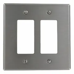 General-purpose wall plate for decorator-rocker switches. Constructed of stainless steel for corrosion resistance. Two-gang jumbo size covers multiple switches in a single opening. Suitable for commercial and industrial environments.