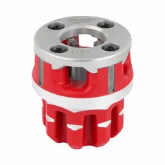 This die head is designed for use with handheld pipe threaders to cut NPT threads on 1/2-inch pipe. Constructed from alloy steel, it features right-hand thread direction. Commonly used in plumbing and piping applications.