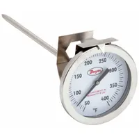General purpose clip-on dial thermometer for vats and pans. Provides direct Fahrenheit readings from 50°F to 400°F with ±2% accuracy. Features a 5-inch stem for immersion and a clip for attachment to container walls. Suitable for temperature monitoring in food service and process vessels