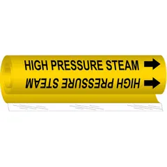 Yellow wrap-around pipe marker with black legend reading 'High Pressure Steam' and directional arrows. Fits pipe outer diameters from 1/2 to 1-3/8 in. Used to identify high-pressure steam lines in industrial piping systems.