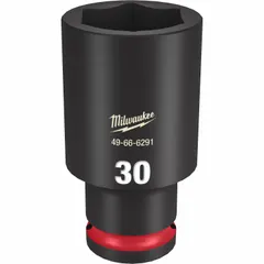 This 1/2" drive impact socket is designed for use with impact tools on metric fasteners. The 30 mm, 6-point, deep configuration provides secure engagement on bolts and nuts in heavy-duty applications such as automotive repair and industrial maintenance. Friction retention holds the socket on the anvil. Black Phosphate finish.