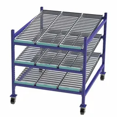 This roller track bolted mobile flow rack from UNEX FLOW CELL measures 48 in x 60 in x 54 in and features a tilt design with three steel shelves. It is used in lean manufacturing and order picking applications to allow cartons or totes to flow by gravity to the front, improving pick efficiency and reducing worker travel time.