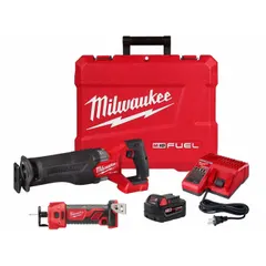 This Milwaukee M18 kit includes a cut-out tool (2821-21) and a reciprocating saw (2627-20), both powered by the M18 18V battery platform. The reciprocating saw is suited for cutting wood, metal, and plastic, while the cut-out tool is designed for drywall and panel cutouts. Typical applications include demolition, remodeling, and electrical work.