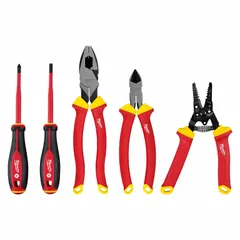 This 5-piece tool-only set includes an Insulated Lineman's Pliers, an Insulated Wire Stripper and Cutter, and a #2 Phillips Insulated Screwdriver. The tools are insulated for electrical safety and are suited for cutting, stripping, and terminating wires in low-voltage and telecom installations.