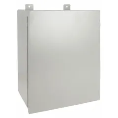 This WIEGMANN steel enclosure measures 24 x 20 x 9 inches and is rated NEMA 12/13 for indoor protection against dust, dirt, and non-corrosive liquids. It features a solid hinged cover with clamp closure and no knockouts. Typical applications include housing electrical controls, instruments, and components in industrial environments.