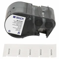 Thermal transfer precut label roll cartridge containing rectangle labels sized 3/8 in x 1 1/8 in. Made of cryogenic autoclavable polyester for use on 0.5 to 0.7 mL vials or tubes. Compatible with BMP53 printer series.