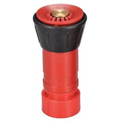 This fire hose nozzle features a plastic body with GHT thread and swivel base. It activates by twist and delivers adjustable fog or straight stream spray patterns. Suitable for firefighting and industrial water-delivery applications.