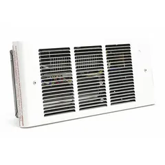 This register-style recessed electric wall heater from Dayton operates on 208/240V AC single-phase power and offers selectable wattage outputs of 375 W, 750 W, 1125 W, and 1500 W. It features a white grille and rough-in dimensions of 6-3/4 in x 14 in x 4-1/2 in. Suitable for supplemental heating in residential and light commercial spaces where a low-profile, flush-mounted heat source is desired.