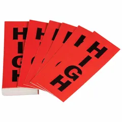 Replenishment labels for pipe marking kits. Includes 50 red pipe markers with black legend text reading 'High' and directional arrows. Designed for pipes with an outer diameter of 8 inches and larger. Used to identify high-temperature or high-pressure lines in industrial facilities.