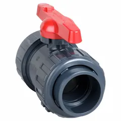 This ASAHI ball valve features a PVC body, straight pattern, and socket x socket connections for solvent welding into PVC piping systems. The Tee handle provides manual on/off flow control, and the valve is rated for a maximum pressure of 150 psi (CWP). Suitable for applications requiring corrosion resistance and reliable shutoff in water, chemical, or other fluid handling systems.