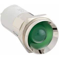 Green LED indicator pilot light with protruding head for 16 mm panel mounting hole. Features 0.11 Male Quick Disconnect electrical connection. Used in industrial control panels to signal equipment status such as power-on or operational mode.