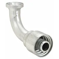 This AEROQUIP 90° elbow crimp hydraulic hose fitting connects -16 dash size hose to a flange port. It features a steel construction with a flange x crimp connection and male x genderless fitting gender, suitable for high-pressure fluid power systems in industrial hydraulic applications