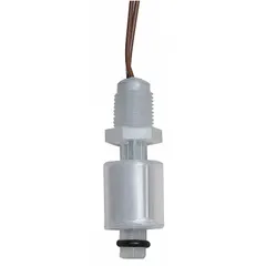 Vertically mounted float switch with SPST open-on-rise switching action. Polypropylene construction with lead wire electrical connection. Requires minimum media specific gravity of 0.75. Used for high- or low-level detection in tanks and vessels for pump control or alarm triggering.