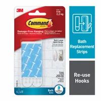 White foam adhesive replacement strip for picture-hanging and hook systems. Overall length 3.65 in, width 0.75 in. Water-resistant bond suitable for mounting items in humid environments such as bathrooms or kitchens