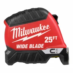 This 25 ft SAE tape measure features a magnetic single hook tip and magnetic mount for hands-free attachment to ferrous surfaces. The blade is marked in 1/16 in increments and includes a manual lock. The plastic case is black and red. Typical applications include construction, framing, and metalwork.