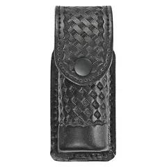 This synthetic leather holster features a snap closure to securely retain pepper spray canisters. It provides a practical carry solution for personal safety equipment, suitable for security personnel or civilian self-defense use.
