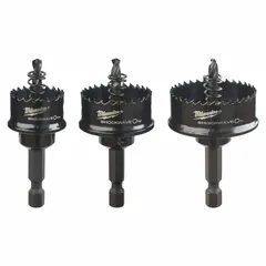 This 3-piece hole saw kit is constructed of alloy steel with 8 teeth per inch. It has a maximum cutting depth of 1/2 inch. Suitable for cutting holes in wood, metal, and plastic for electrical, plumbing, and general construction applications.