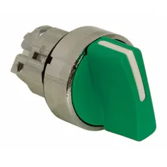 This 22 mm panel-mount selector-switch operator from the Series XB4 features a maintained/maintained action with two positions. The metallic switch bezel provides robust construction for industrial control circuits. No cam is included. Suitable for use in control panels and automation systems requiring manual selection between two maintained states.