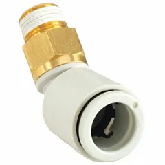 This push-to-connect elbow fitting connects 6 mm OD tubing to a 3/8" BSPT threaded port. Made of brass with a white finish, it provides a quick, tool-free connection for pneumatic or fluid systems in industrial automation and material handling.