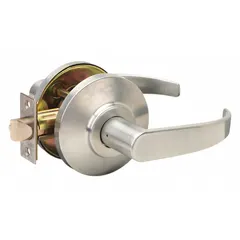 This BEST storeroom lever lockset is designed for interior doors requiring key-controlled outside locking and free inside egress, such as storage rooms and utility closets. It features a 7KC curved return lever in satin chromium-plated zinc finish, is ADA compliant, and includes an interchangeable core. The lockset meets ANSI F86 function code and has no visual indicator.