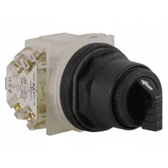 This SCHNEIDER selector switch features a 3-position maintained action (On/Off/On) with DPDT contacts and a C cam. It has a short-handled polycarbonate knob and non-metallic bezel, rated AC 3 A @ 240 V and DC 0.27 A @ 250 V. Suitable for panel-mount control circuits in machinery and process equipment.