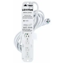 Healthcare power strip with four outlets, 15 ft cord, 644 J surge protection, 15 A rating, and 5-20P plug. White finish with screw mounting. Suitable for powering equipment in medical environments.