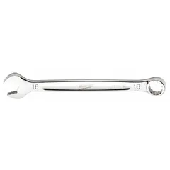 Chrome vanadium steel combination wrench with a chrome finish. Features a 16 mm 12-point box end and open end, overall length 8 1/4 in. Used for tightening and loosening metric fasteners in automotive, machinery, and industrial applications.