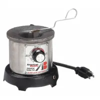 This solder pot features a round crucible with interior dimensions of 1-1/2 in depth and 2-1/4 in diameter. It has an analog display and is used for dip soldering, tinning wires, and small-scale production soldering tasks